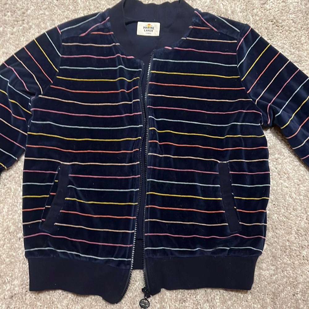 Marine Layer Auckland Velour Navy+Rainbow Striped Bomber Jacket Size XS like New